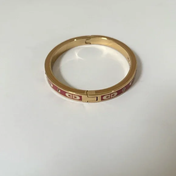 Coach Signature C Bangle Logo Statement Bracelet Enamel Hinged Pink Red Gold - Picture 6 of 9